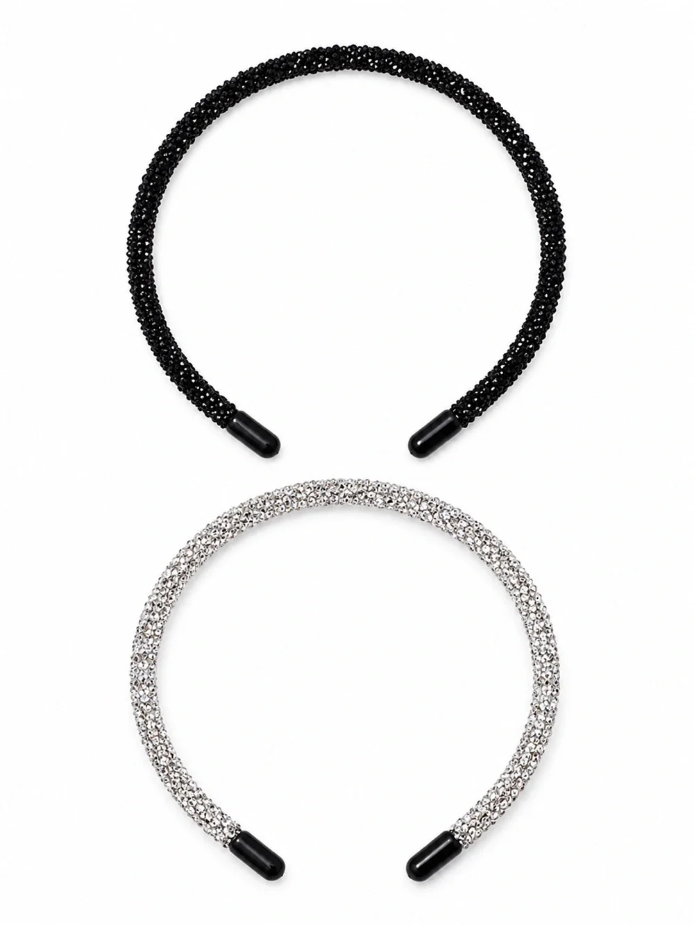 Set of 2 Crystal Rhinestone Headbands Black & Silver Sparkle Hair Accessories
